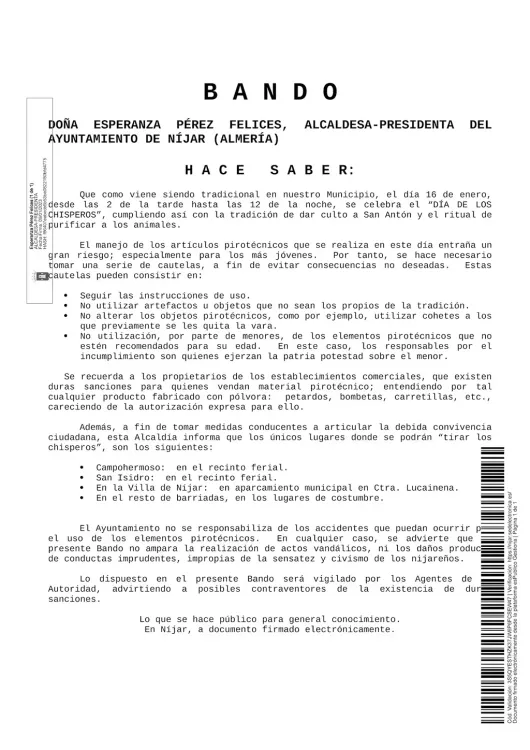 El Ayuntamiento de Níjar hace público un Bando en relación la celebración del Día de los Chisperos